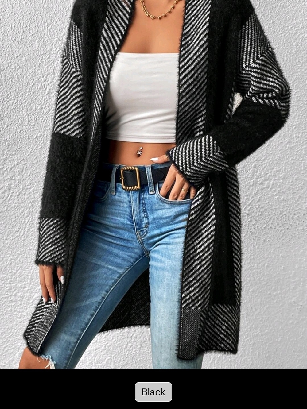 Black Striped Fuzzy Open-Front Cardigan